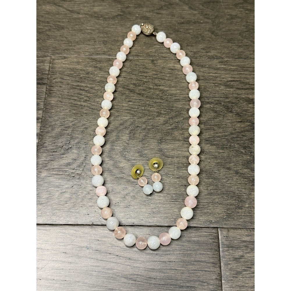 Vintage Rose Quartz Pale Blue Gemstone Necklace Silver Filagree‎ Clasp